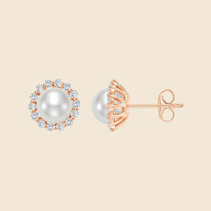 Boucles d'oreilles clous en diamant rond cultivé avec perle, diamants de laboratoire F-VS en or massif 14 carats, pour usage quotidien, cadeau pour femme - Product Image 3