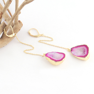 Beautiful Design Hot Pink Genuine Crystal Geode Druzy Drop <b>Earrings</b> Brass Gold Plated Hanging Link Chain Clip Fashion Accessory - Product Image 4