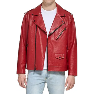 Veste moto en cuir PU rouge pour homme, col rabattu, fermeture éclair, coupe classique, couleur unie, style automne - Product Image 1