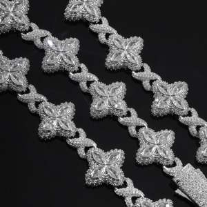 Luxury Unisex's 925 Silver Moissanite Bezel Setting <b>Statement</b> <b>Necklace</b> Flower Design Marquise Cut Rhodium Plated Link Chain - Product Image 2