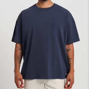 เสื้อยืดคอกลมสำหรับผู้ชายไฮสตรีทเสื้อยืดผ้าฝ้าย100% โลโก้บ็อกซี่เข้ารูปขนาดสั้นสีพื้นวางไหล่ - Product Image 6