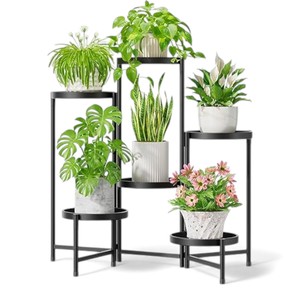 Round Multi Tier <b>Metal</b> Plant Stand Modern Circle <b>Shelf</b> Rack for Indoor Outdoor Flower Display <b>Black</b> Pot Organizer - Product Image 1