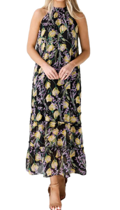 Vestido floral amarillo y lavanda de estilo vintage de calidad premium para vacaciones, días de playa y eventos al aire libre de la India - Product Image 2