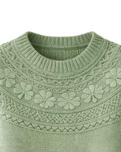Customized Sage Green Jacquard Knit Sweater Floral Textured Crew Neck <b>Long</b> Sleeve Winter Pullover <b>For</b> <b>Women</b> Custom Wholesale - Product Image 4