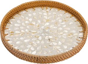 Plateau de service en rotin avec base en bois incrusté de nacre, plateau de service tissé de paniers en osier décoratifs pour pain - Product Image 5