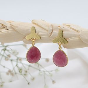 Handmade Dua Pink <b>Jade</b> Flower Pear Drop Earrings 18K Gold Plated Brass Trendy Elegant Natural Gemstone Women's Wedding <b>Jewelry</b> - Product Image 2
