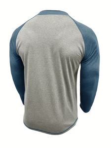 Camiseta Henley de Manga Larga para Hombre, Manga Raglán, Cuello Redondo, Bloques de Color, Corte Regular, Apta para Primavera/Otoño, Fabricada en Bangladesh - Product Image 3