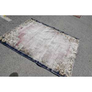 Alfombra clásica vintage de lana, diseño de retales beige y azul, hecha a mano, área grande, felpa de látex rectangular para vivir (4,7 pies X 6,1 pies) - Product Image 2