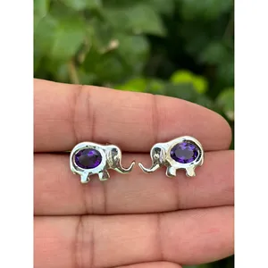 14K Gold Elephant <b>Amethyst</b> <b>Stud</b> <b>Earrings</b> Trendy Cute 925 Silver Bezel Set with Pear Cut Diamond Gold Plated Rose Gold Jewelry - Product Image 1