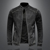Chaqueta Bomber Vintage de Alta Calidad para Hombre, 100% Algodón, con Capucha, Cuello Alto, Estilo Motero, Abrigo de Mezclilla, Prenda Exterior Negra