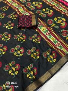 Nuevo Sari de Crepé de Algodón Suave para Mujer con Diseños Florales y Butti, Borde de Pallu, Blusa con Estampado, Hecho en India - Product Image 4