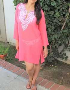 Mini vestido rosa bohemio Chic para mujer de talla grande con cuello en V bordado mexicano cintura Natural transpirable patrón tejido ecológico - Product Image 1