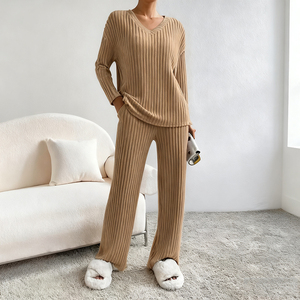 PASUXI Set Loungewear da Donna all'Ingrosso, Elegante Pigiama <span class=keywords><strong>in</strong></span> Maglia <span class=keywords><strong>con</strong></span> Scollo a V, <span class=keywords><strong>Pantaloni</strong></span> a Gamba Larga, Completo Due Pezzi Chic per Casa e Notte - Product Image 4