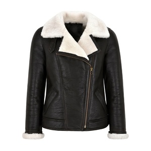 Chaqueta de piel de oveja negra para mujer Estilo de Aviador transpirable de piel sintética de piel de oveja genuina - Product Image 1