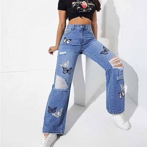 2025 nuevos Pantalones de mujer personalidad espalda grande estampado de mariposa pantalones vaqueros rectos pantalones vaqueros de mujer - Product Image 1