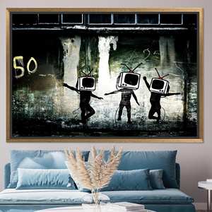 Banksy Dancing TV - Art mural sur toile en verre trempé - Design imprimé, TOILE ENCADRÉE DORÉE - Product Image 1