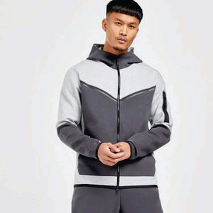 Ensemble de survêtement unisexe décontracté gris foncé deux pièces avec sweat à capuche zippé et pantalon de jogging 100% coton molletonné respirant athlétique - Product Image 1