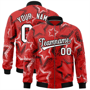 Veste bomber rouge délavée à étoiles, impression par sublimation personnalisée, fermeture éclair intégrale, nom de l'équipe, numéro, coupe-vent athlétique personnalisé - Product Image 1