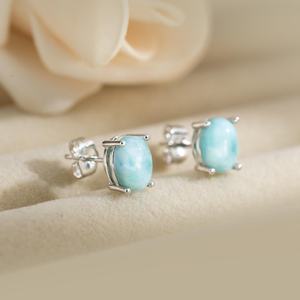 Solid 925 Sterling Silver Rose Gold Plated Natural Larimar Oval Cabochon Bezel Setting 8x10mm <b>Stud</b> <b>Earrings</b> Women Party Fine - Product Image 5