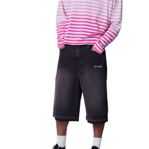 Ultra <b>Baggy</b> Denim <b>Shorts</b> Washed Black Raw Edge Design Relaxed Fit Heavy Denim <b>Shorts</b> for <b>Men</b> OEM Streetwear Supply - Product Image 5