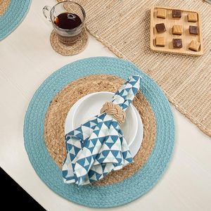 Round Verona Woven Jute Cotton Braided Placemat for Dining <b>Table</b> Decor Wedding Family Gatherings Parties With Aqua <b>Blue</b> Border - Product Image 1