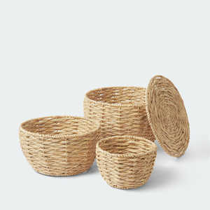 Set of 3 Large Round Water Hyacinth <b>Baskets</b> with Lids Flexible Seagrass Woven <b>Square</b> Shape for Home Use - Product Image 6