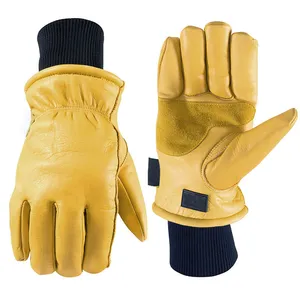 黄色户外防寒防水保暖厚手掌增强牛皮山羊皮耐用柔性冬季工作手套