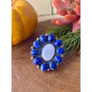 Navajo Sterling Silver Cluster <b>Ring</b> with <b>Lapis</b> and Mother of Pearl Size 10.5 - Product Image 1