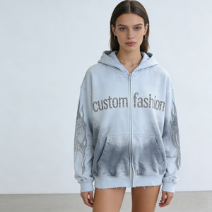 Women's Washed <b>Cropped</b> <b>Zip</b> <b>up</b> Hoodies Custom Personalized Applique Lettering Raw Hem Hoodies for Streetwear Y2K Fashion - Product Image 1