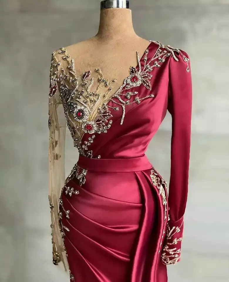 Real Image Dark Red Plus Size Evening Dresses Sheer Jewel Neck Beaded Long Sleeve Mermaid Prom Dress