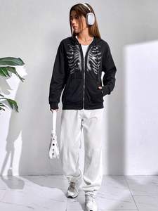 Sudaderas con capucha de gran tamaño con esqueleto de diamantes de imitación y cremallera para mujer, ropa informal transpirable cómoda, sudaderas con capucha de invierno para mujer - Product Image 2