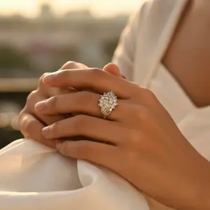 Women's Silver Cluster <b>Ring</b> with Gemstones <b>Gold</b>-Plated <b>Vintage</b> Religious Geometric Design Inlaid Number Shape - Product Image 3