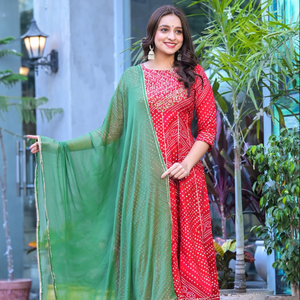 Conjunto de Kurta Anarkali de Algodón con Bordado Hecho a Mano y Estampado Badhani, con Pantalón y Dupatta, Largo hasta la Rodilla, Estilo Casual - Product Image 1