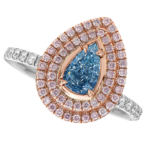 Fantaisie Bleu Couleur Poire Forme Double Halo Rond Brillant Coupe Côté Rose Couleur CVD Lab Grown Diamant 14 K Or Bague de Fiançailles - Product Image 2