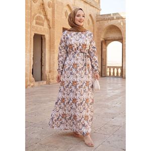 Vestido Marrón con Estampado Floral y Cinturón, Cintura Imperio, Transpirable, Estilo Urbano, Suministro ODM, Diseño Hueco con Volantes para Fiestas Diurnas - Product Image 1