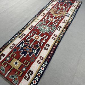 3.3x10 ft <b>Runner</b> Vintage Turkish Rug, <b>Red</b> Animal Print Wool Rug - Product Image 2