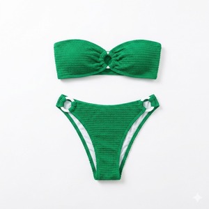 Ensemble bikini bandeau en tricot vert pour femme, 2 pièces, bas de bikini string, maillot de bain extensible texturé - Product Image 1