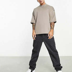 T-shirt à col montant pour homme, coupe classique, streetwear, épaules tombantes, minimaliste, couleur unie, 100% coton, manches courtes, tricoté - Product Image 4