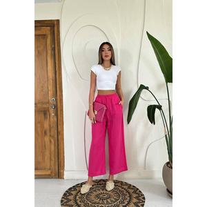 Pantalones Anchos de Lino Fucsia de Cintura Alta al por Mayor con Característica Transpirable - Product Image 3
