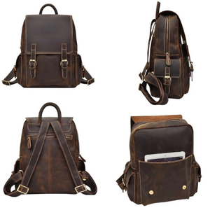 Brown Genuine Leather Backpack Bag Large Capacity Laptop <b>Rucksack</b> & Dual Buckle, Business <b>Travel</b> Hiking Outdoor Leather Backpack - Product Image 6