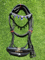Bride de cheval de dressage de haute qualité en cuir souple rembourrage bleu et bande de sourcils en cristal avec rênes Web emballage personnalisé ..