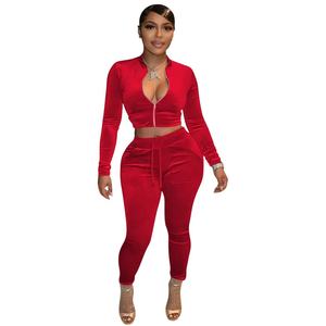 Ensemble deux pièces skinny assorti en velours pour femmes haut court à col zippé + pantalon à cordon de serrage survêtement fournisseur RTS en gros - Product Image 2