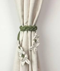 Floret Braid Handcrafted Floral Curtain <b>Tieback</b> - Sage Green Braided Drapery Holdback with Cream Fabric Flowers - Product Image 3