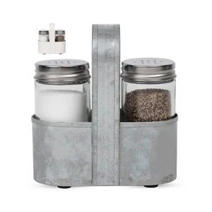 Home Kitchenware Usage Galvanized Salt Pepper Holder <b>Set</b> Antique Design Tabletop Tin Salt <b>and</b> Pepper <b>Set</b> - Product Image 1