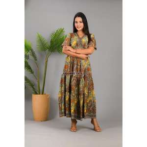 Vestido de seda de verano para mujer con estampado de hojas tropicales escote en V vestido occidental hecho a mano vestido bohemio regalo para mujer - Product Image 3