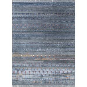 Alfombra Manchaha Azul de Lana y Seda de Bambú Anudada a Mano, 10 mm de Grosor, Patrón Geométrico Abstracto para el Hogar, Pasillo, Modelo Rectangular-Les-2599 - Product Image 1