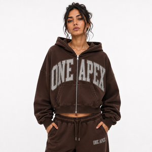 Sudadera con capucha extragrande para mujer, con cremallera completa, de algodón grueso marrón, con gráfico de diamantes de imitación, estilo urbano, OEM ODM, marca privada - Product Image 1