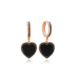 Mother Of Pearl Heart Design <b>Black</b> Zircon Stone <b>Dangle</b> <b>Earrings</b> Turkish Wholesale 925 Silver Jewelry - Product Image 3