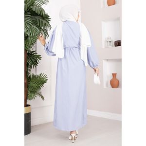 Vestido Hijab a Rayas Índigo con Elegante Cinturón Decorativo y Cintura Fruncida - Product Image 5