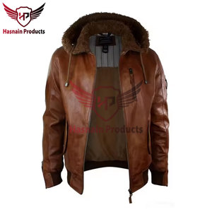 Veste en cuir à capuche Bomber en cuir d'agneau véritable pour hommes de qualité supérieure Manteau en cuir de motard du Pakistan avec capuche détachable Élégant - Product Image 4
